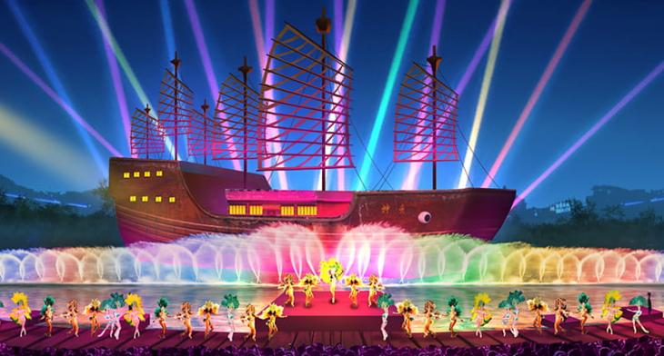 河南万岁山大宋武侠城型实景光影演绎水秀《神舟·船奇》